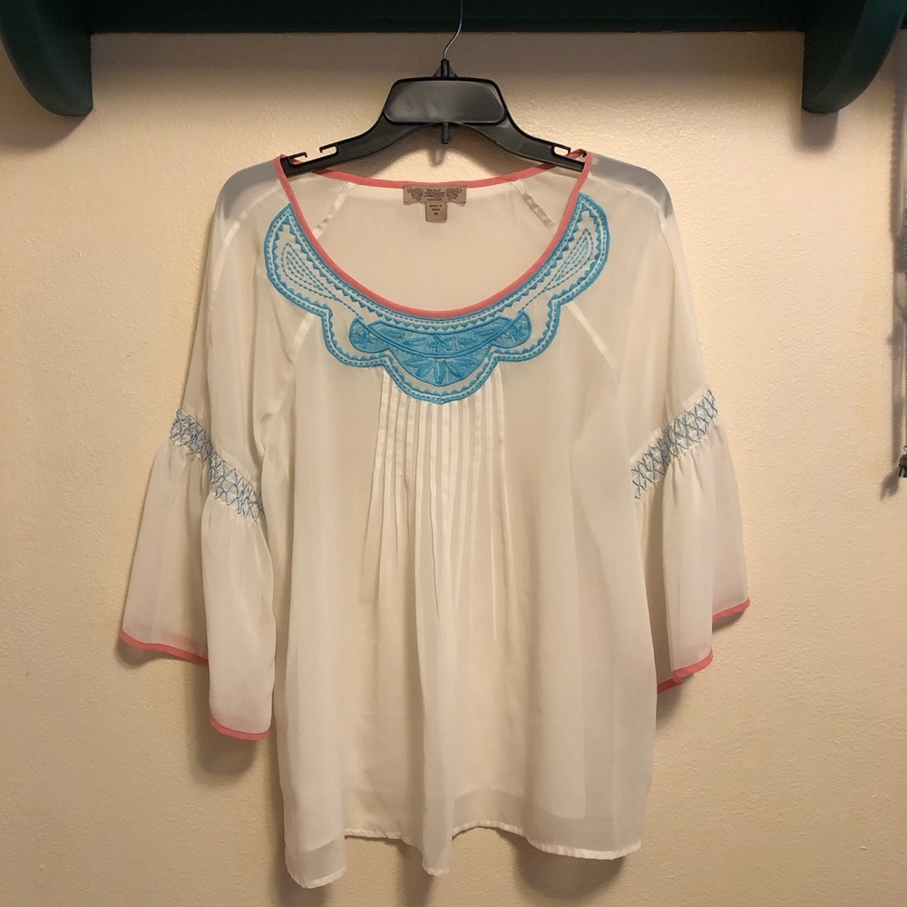 Sheer Blouse with 3/4 Sleeves & Embroidery